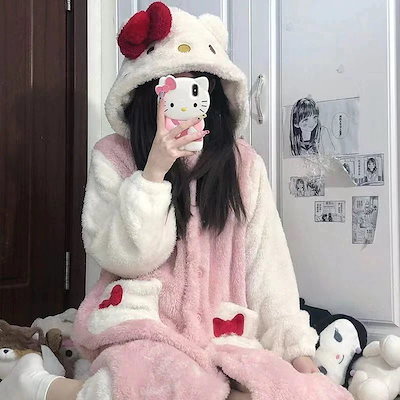 新品★HELLO KITTY 着ぐるみ★ルームウェア・パジャマ フリーサイズ sanrio パジャマ レディース 長袖 ニットキルト キティ クロミ
