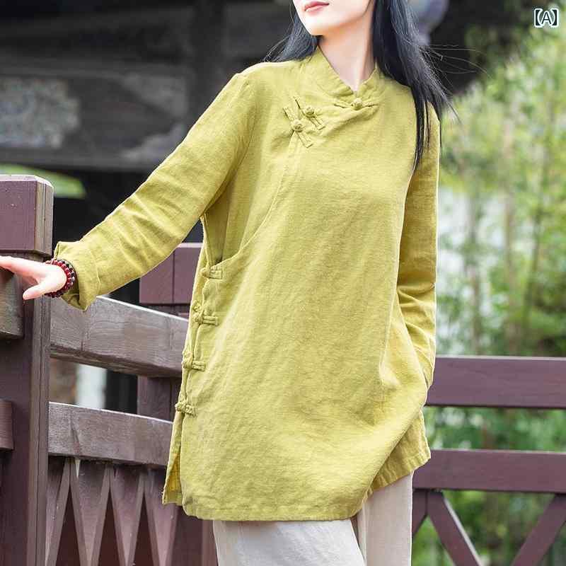 レディース シャツ トップス リネン エスニック シャツ レディース 春秋ミドル丈 プレート バックル レトロ トップス 禅茶師服