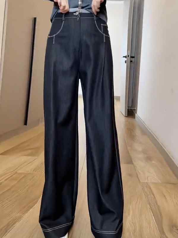 レディース ファッション オシャレ カワイイ シンプル 人カワイイ きいサイズ ハイエンド ハイウエスト ストレート ワイド レッグ ブラック スーツ カジュアル パンツ スリム