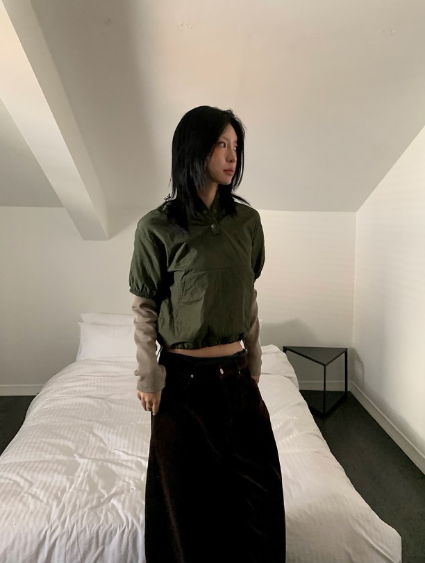 レイヤード ダウン リブ フードTシャツ