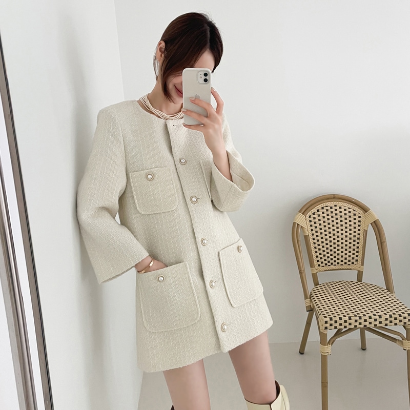 パールボタンツイードコート ツイードジャケット ツイードワンピース コート ジャケット アウター ワンピース 膝上丈 綺麗め レディース パールボタン ２カラー C192
