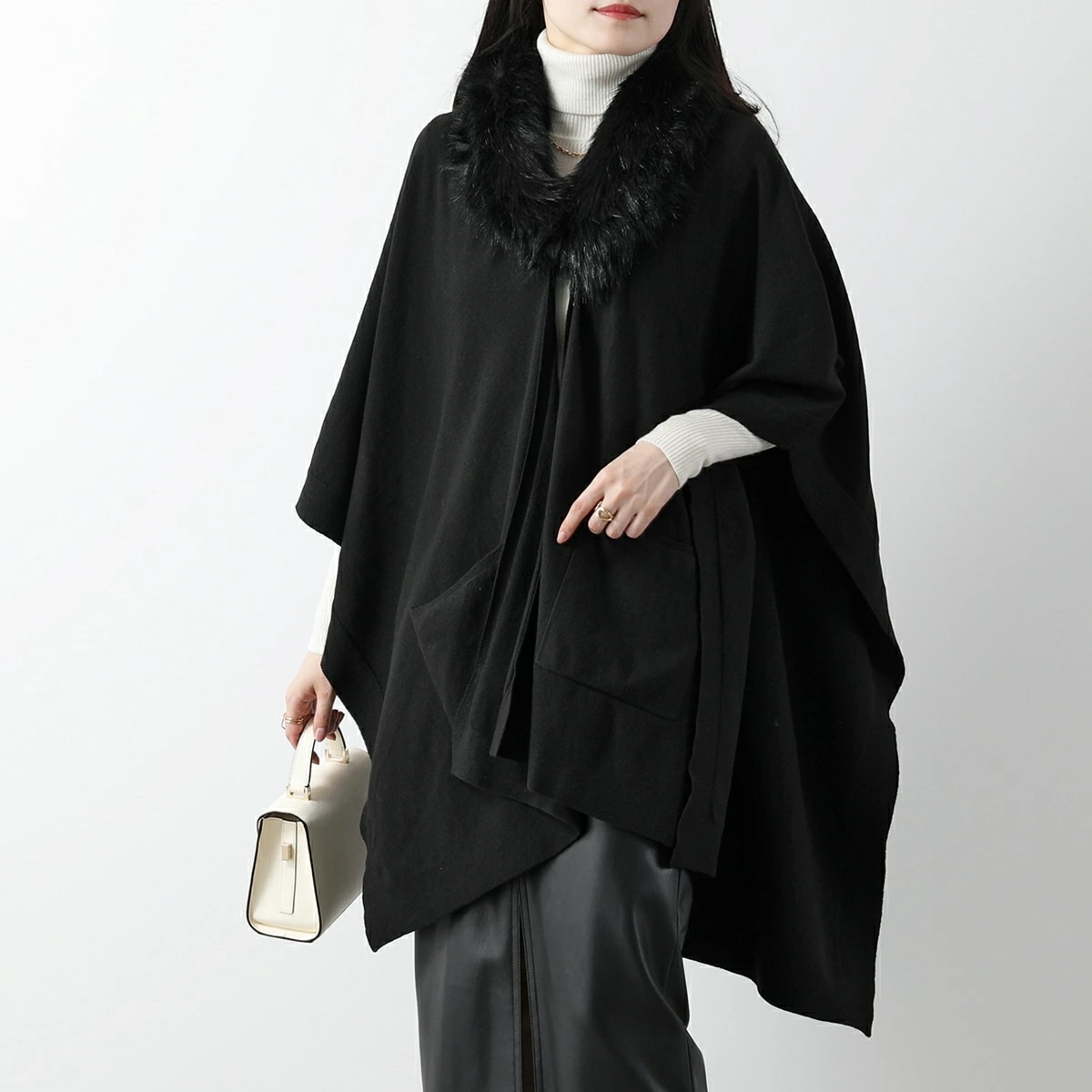 Lauren Ralph Lauren ローレンラルフローレン ケープ DETACHABL FR 454960135 レディース ニット ファー ポンチョ コート ストール ショール 002/BLAC