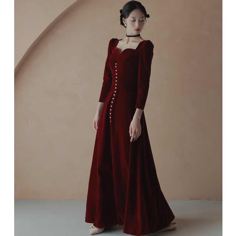 敬酒服花嫁2023新フレンチ長袖ベルベットワイン赤ロング婚約で痩せて見える回門イブニングドレス