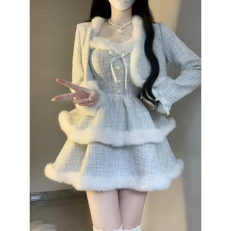 人気 フレンチ ファッション レディース セットアップ かわいい 厚手 ショート丈コート+ キャミソール ミニワンピース