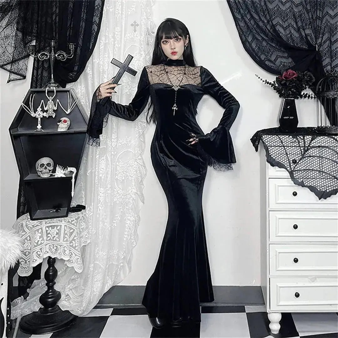 S ロング XS M 短纳期 蜘蛛の巣 黒 暗黒系 今年 L ハロウィン レース ワンピース ブラック