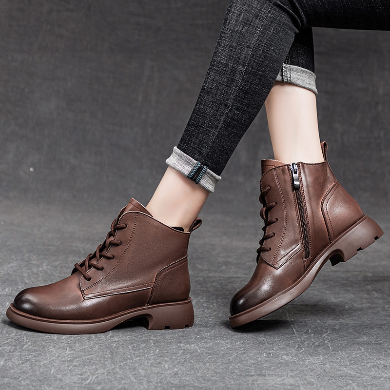 3852-2頭層牛革マーティンブーツ女性秋の平底ベルベットブーツ英倫復古側ファスナーと足首ブーツ