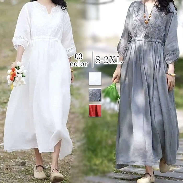 ワンピース レディース 夏 花柄 ロングワンピース 麻 刺繍 リネンワンピース ロング 春夏 綿麻風 エレガント 接触冷感 ひんやり 涼しい 7分袖 パフスリーブ Aライン きれいめ シンプル スッキ