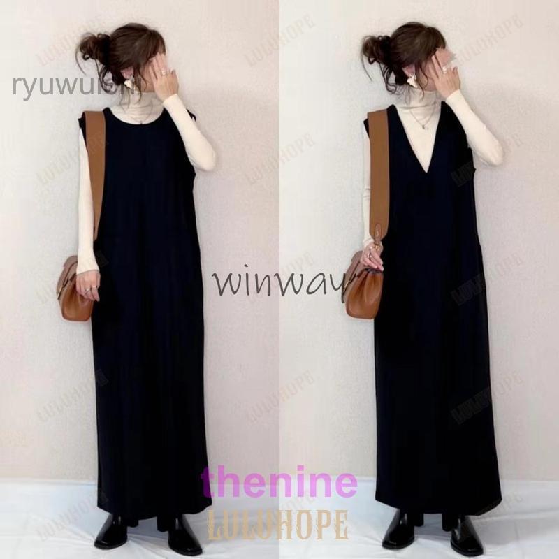 ワンピース 深Vネックベストワンピース ジャンパースカート ジャンスカ ロングワンピース Vネック 円ネック ２ways 袖なし 春服 秋服 秋冬40代50代60代コーデ