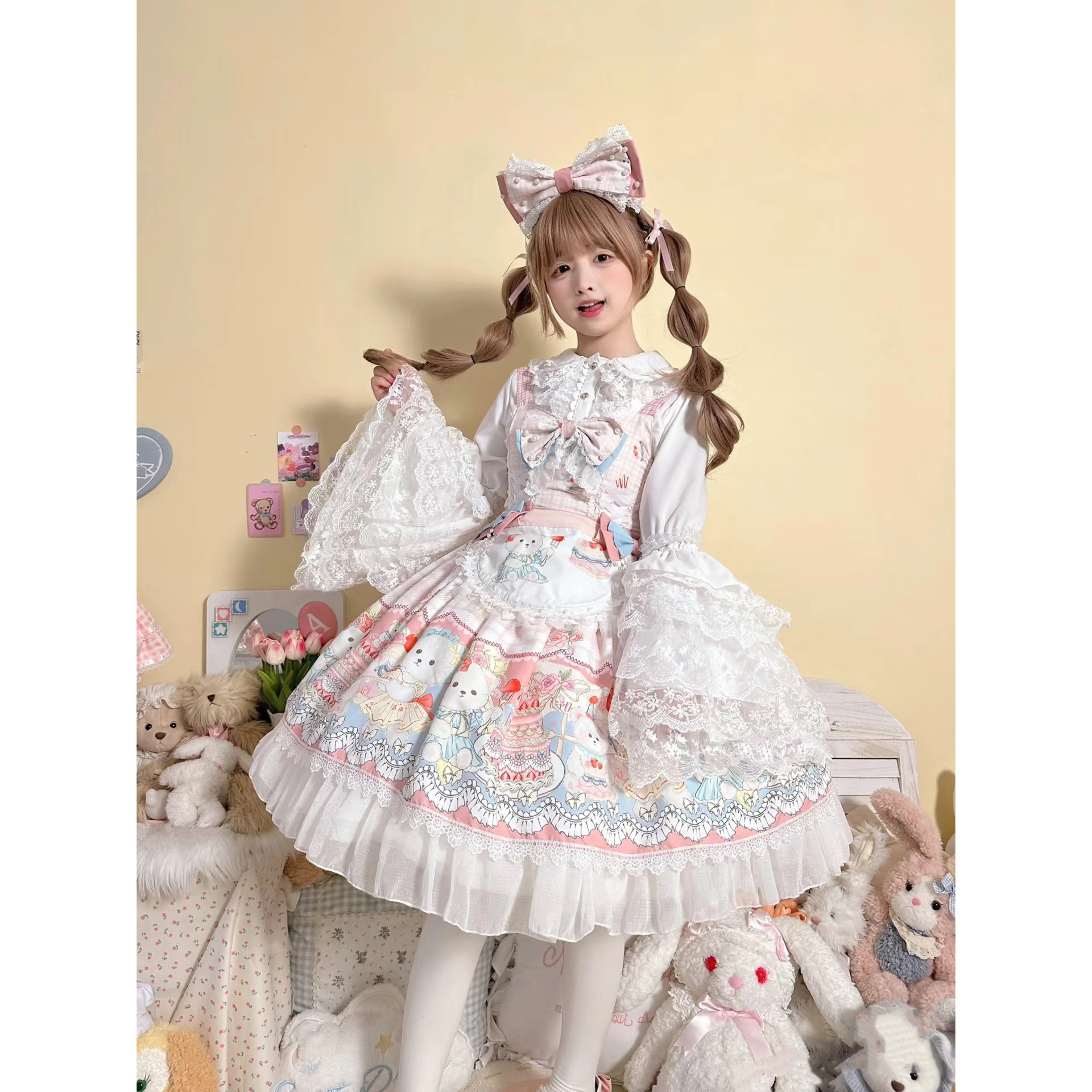 Lolita正規品自作jsk夏スタイルベアパーティーワンピースロリータ女子ストラップ姫袖プルオーバースカート