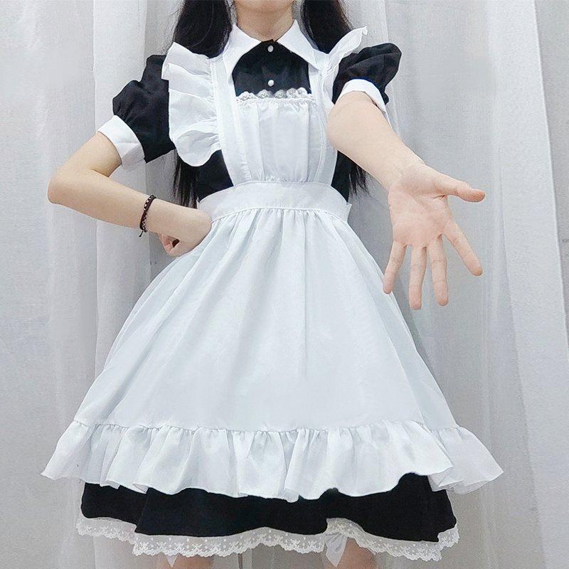 ロリータ ロリィタ 甘ロリ 半袖 長袖 選べる メイドカフェ ヘッドドレス付きワンピース クラシック メイド服 レディース