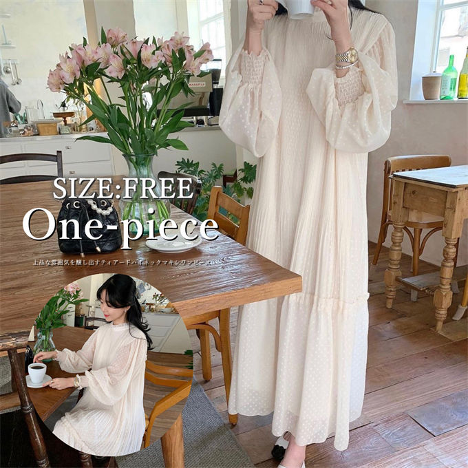 ワンピース マキシワンピース レディース ゆったり 春 ハイネック マキシ丈 ロング 長袖 上品 ぽわん袖　ロングワンピース 体型カバー プリーツ フレア スタイルアップ お出かけ デート 20代 3