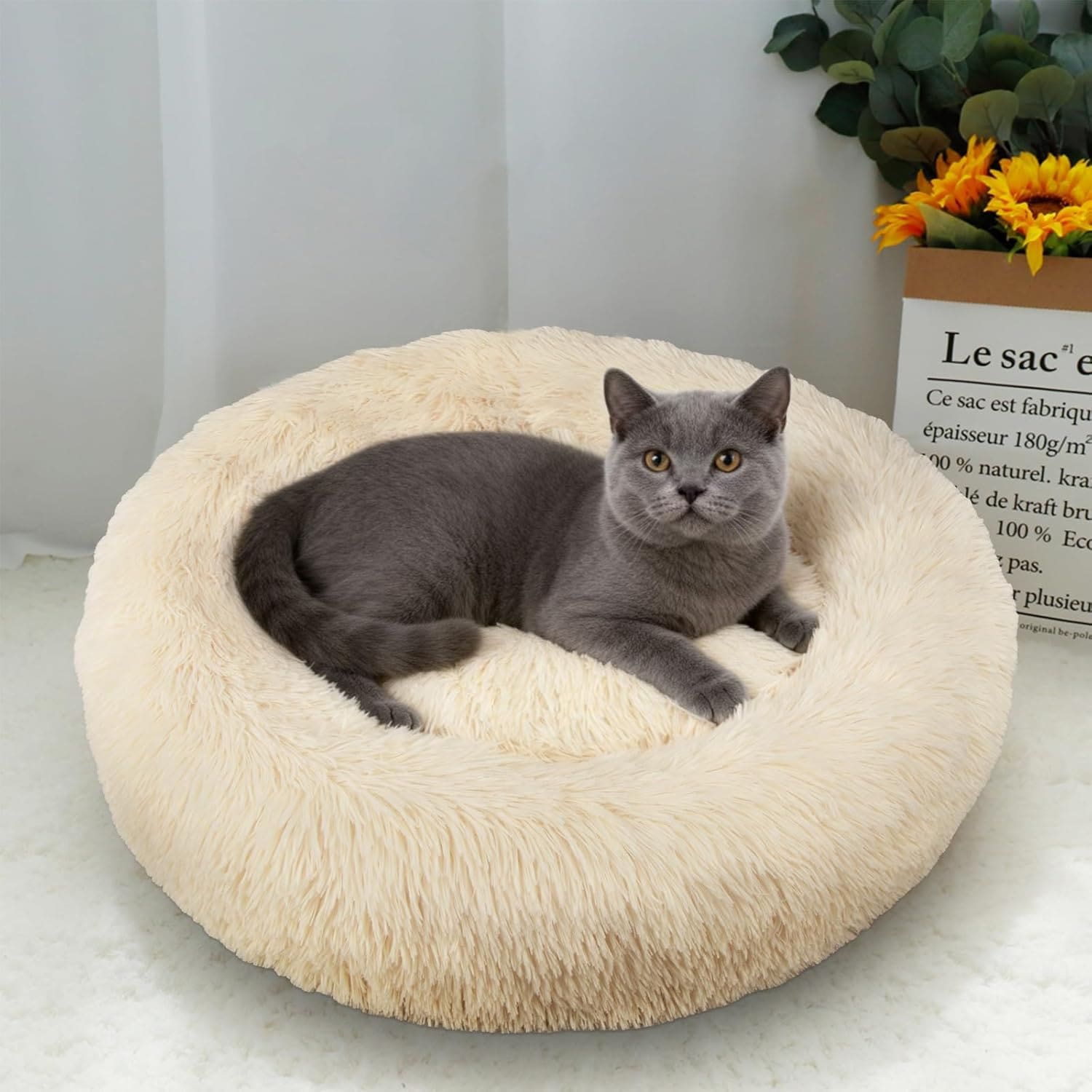 丸型ペットベッド クッション ドーナツ型 もこもこ 洗濯可能 小型犬・猫用 (50cm, ベージュ)