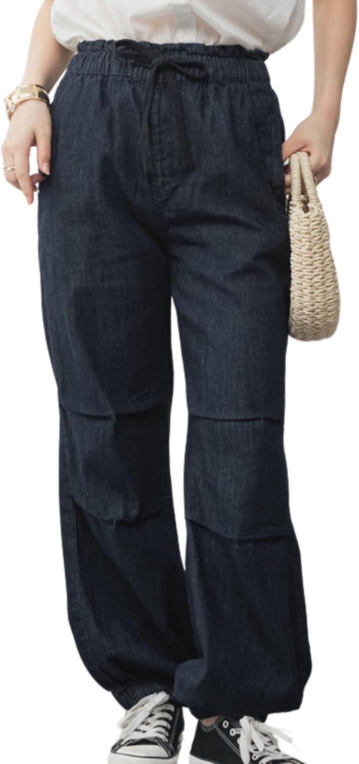 デニム リラックス ワイド パラシュート パンツ ウエストゴム 大きいサイズ レディース(ワンウォッシュネイビー, 4L)