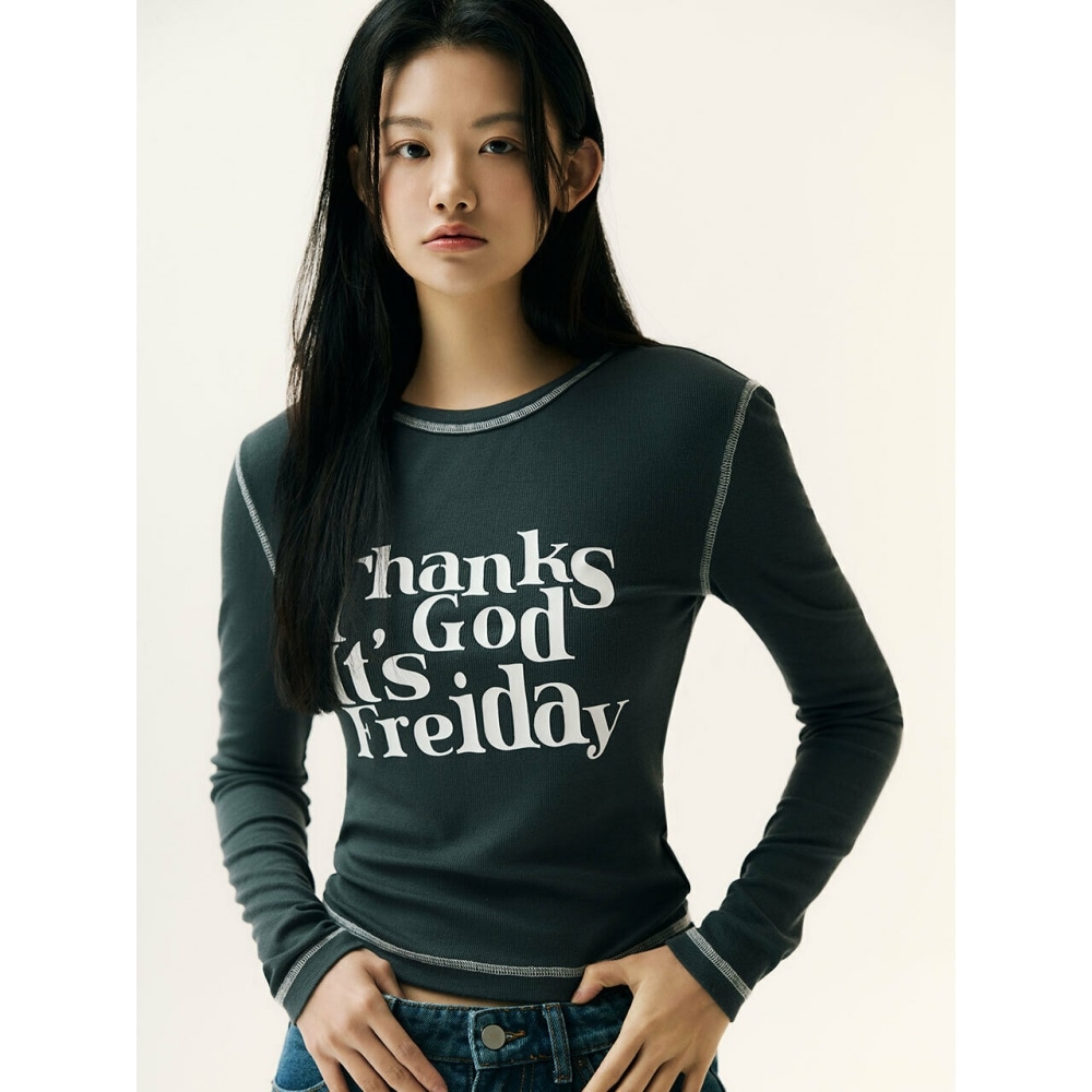 FREI スローガンクルーネックロングスリーブ (チャコール)