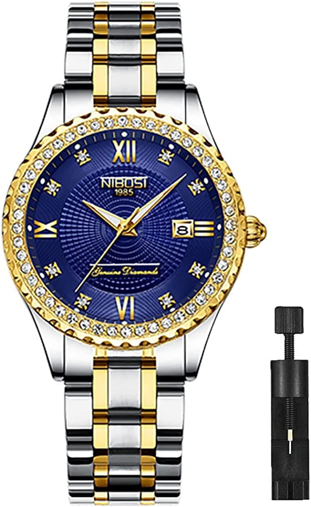 腕時計 レディース ダイヤモンド うで時計 れでいーす 防水 アナログ クオーツ ブランド 日付 蛍光 ゴールド ステンレス 女性用 時計 高級 プレゼント NIBOSI
