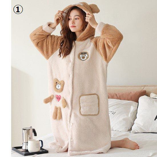 着ぐるみ パジャマ 大人用 ルームウェア レディース ナイトガウン 羽織 ガウン フード付き クマ柄 秋冬 長袖 大きいサイズ 2XL 暖かい 可愛い フロントボタン 前開き ポケット バスローブ リ