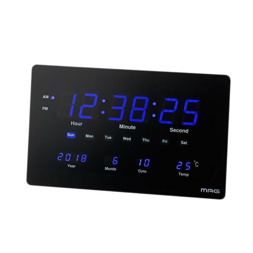 ノア精密【交流式電源（AC電源）】大型LED掛け時計 デジブルー W-724BK【温度表示カレンダー表示】