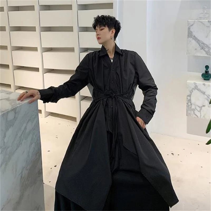 メンズスーパーロングテザーウエストシャツニューファッショントレンドイレギュラー裾ルーズトップコート