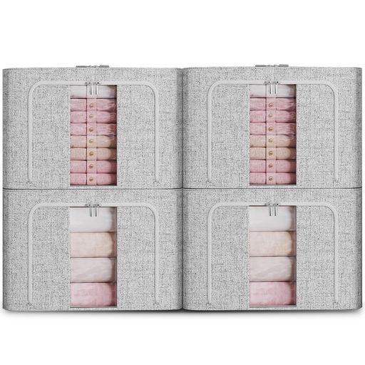 収納ボックス 収納ケース4点セット 66L大容量 衣類収納 折りたたみ 取っ手付き ふた付き おしゃれ 布製 衣装ケース 透明窓付き ファスナー (グレー-4)