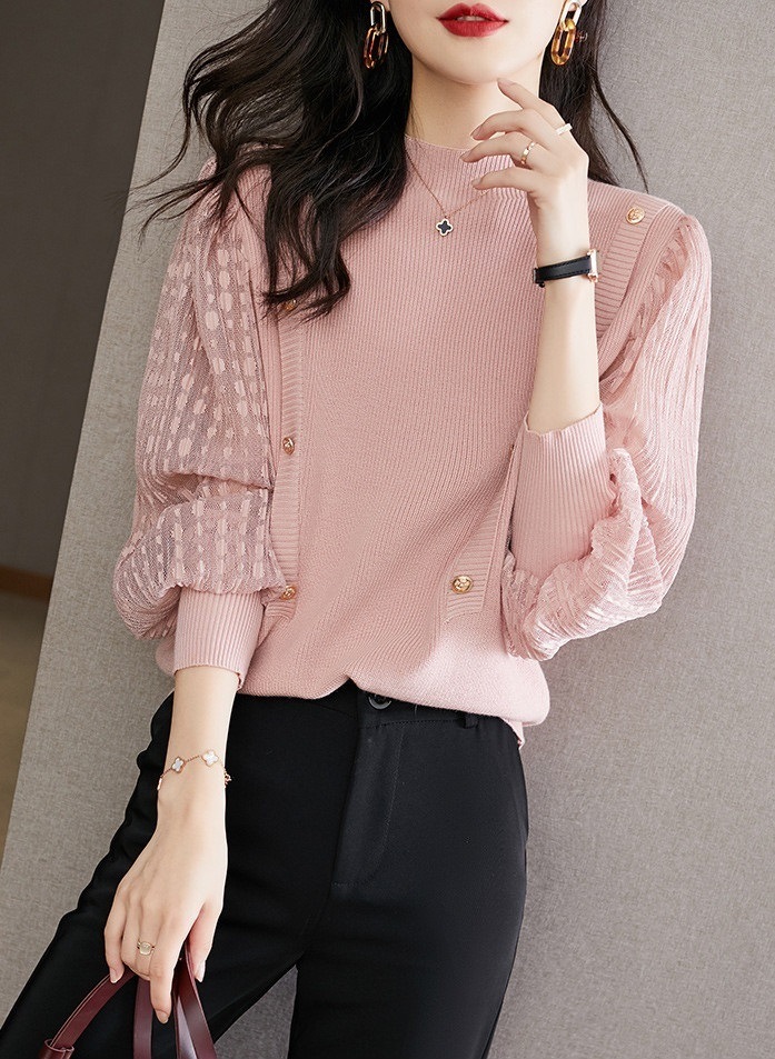 スリーブ ニットセーター 女性 春 秋 ハーフハイカラー ボトムス セーター ピンク ショート トップ ピンク グリーン M L トップス 袖あり かわいい 大人可愛い きれいめ シンプル カジュアル