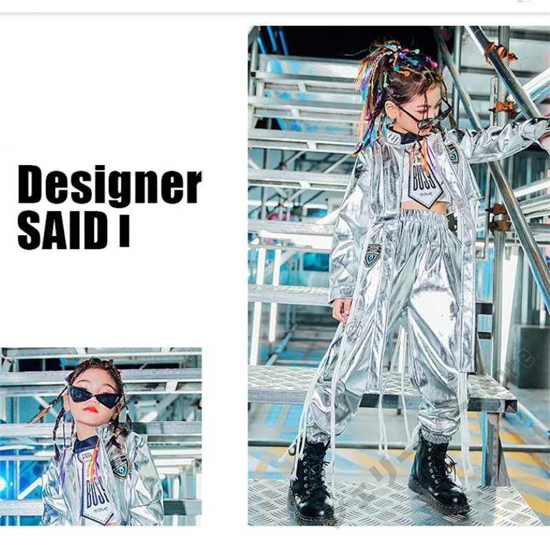 キッズ ダンス衣装 ヒップホップ へそ出し ジャケット ロングパンツ 光沢感 子供ダンス へそ出し
