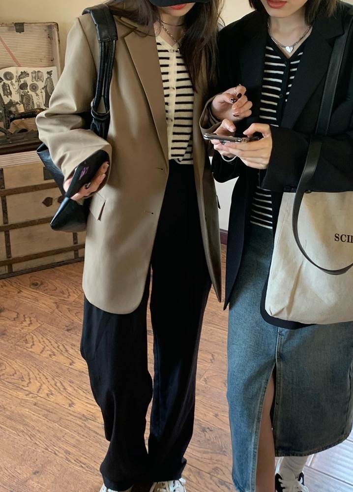 秋 スーツ ジャケット トップス アウター ジャケット 上着 スーツ ミディアム丈 袖あり 長袖 Vネック 襟付き シングルブレスト レギュラー ポケット 前開き ボタン ポリエステル 異素材MIX