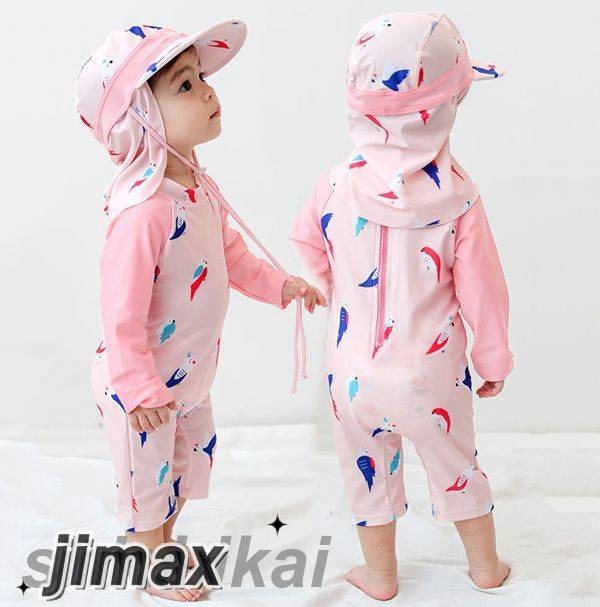 ベビー水着 女の子 男の子 ワンピース ショートパンツ 帽子付き UVガード ピンク かわいい子供用 スクール水着