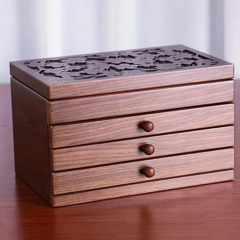 ジュエリーケース アクセサリーケース ジュエリーボックス 木製 モダン レトロ調 4段 アクセサリー収納 鏡 ミラー付き 大容量 小物入れ ウッデンケース 飾り彫り おしゃれ インテリア ピアス ネッ