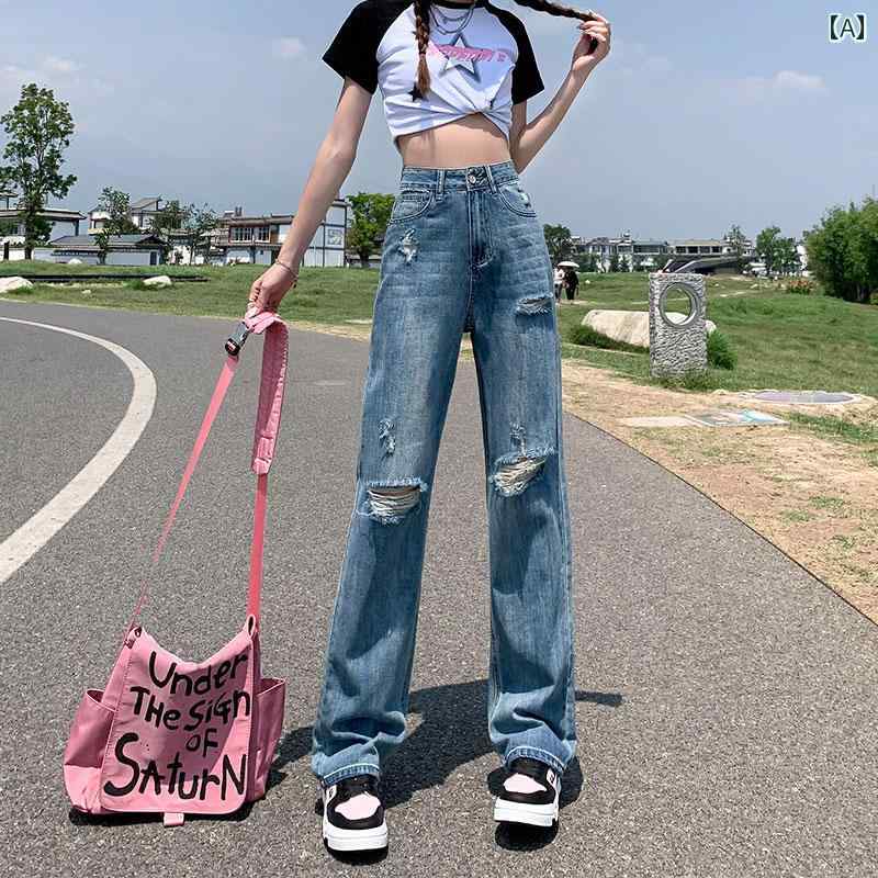 デニムパンツ レディース ダメージ ジーンズ クラッシュ ボトムス 夏 薄手 ストレート ハイウエスト ワイド 韓国 大きめサイズ ブルー