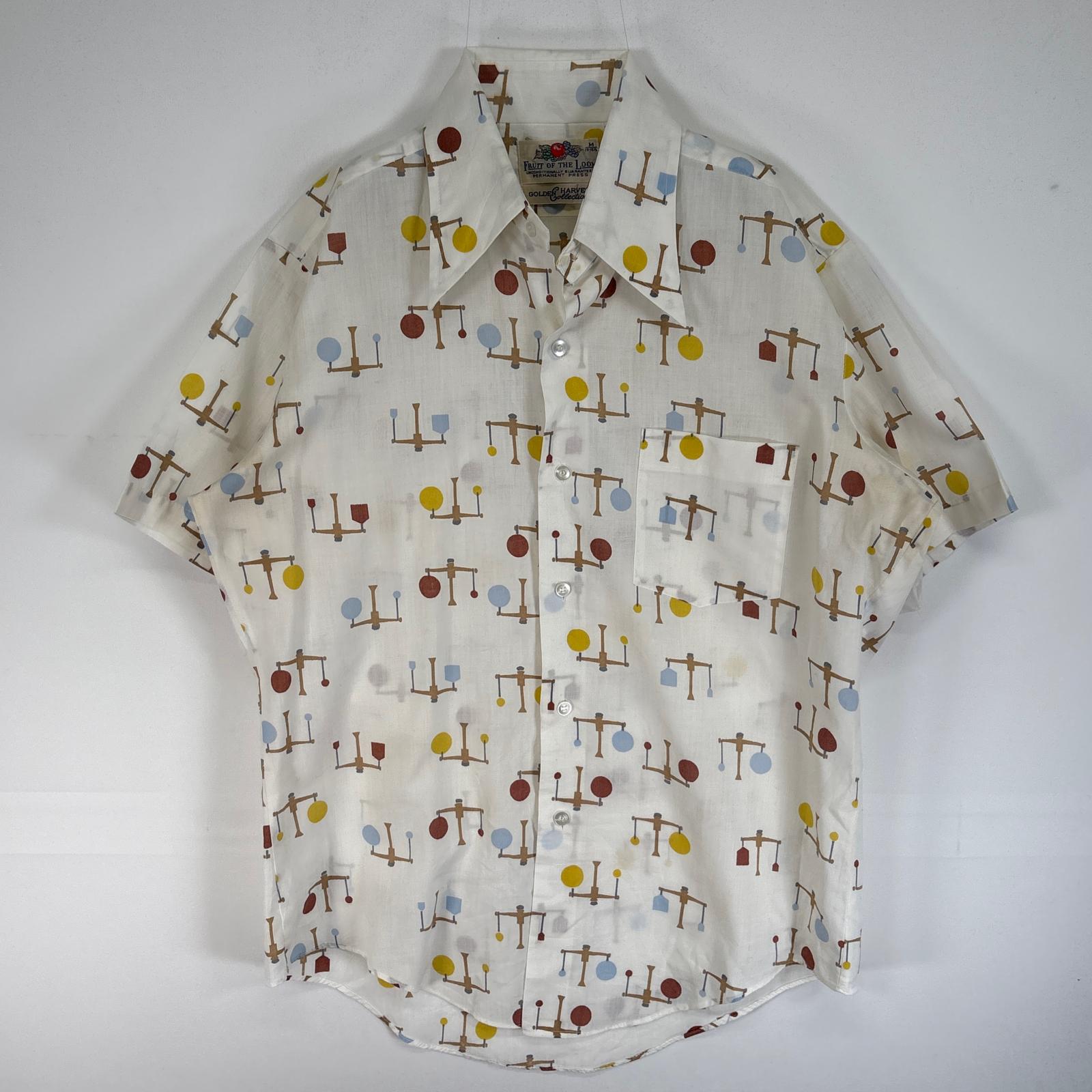 古着 70s/70年代 ヴィンテージ 半袖シャツ オープンカラー カラーステイ デカ襟 GOLDEN HARVEST COLLECTION M ホワイト系 総柄 メンズ