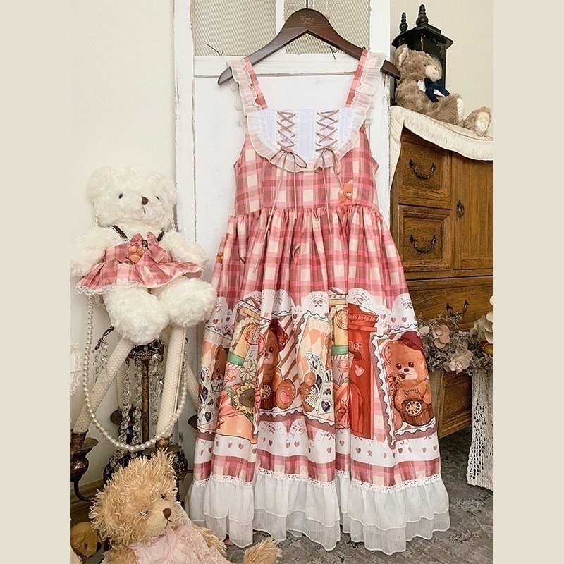 正規品切手くまlolitaかわいいハニーソフト萌えローリjskワンピースロリータサスペンダー蓬蓬スカート女