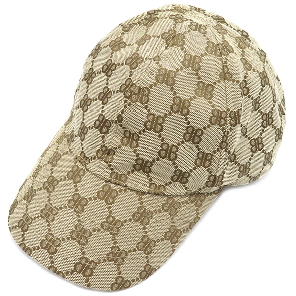 バレンシアガ BALENCIAGA 帽子 ハッカープロジェクト グッチコラボ キャップ コットン ポリエステル ナイロン ブラック L ベージュ 680717 4B3B7 2064 【保存袋】【中古】