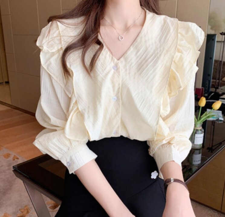 トップス デート かわいい 大人可愛い きれいめ シンプル カジュアル 大人 上品 おしゃれ お洒落 Vネック フリル 長袖 シャツ 前開き 春夏 オフィス 休日 お出かけ 韓国 ブラック L モテ