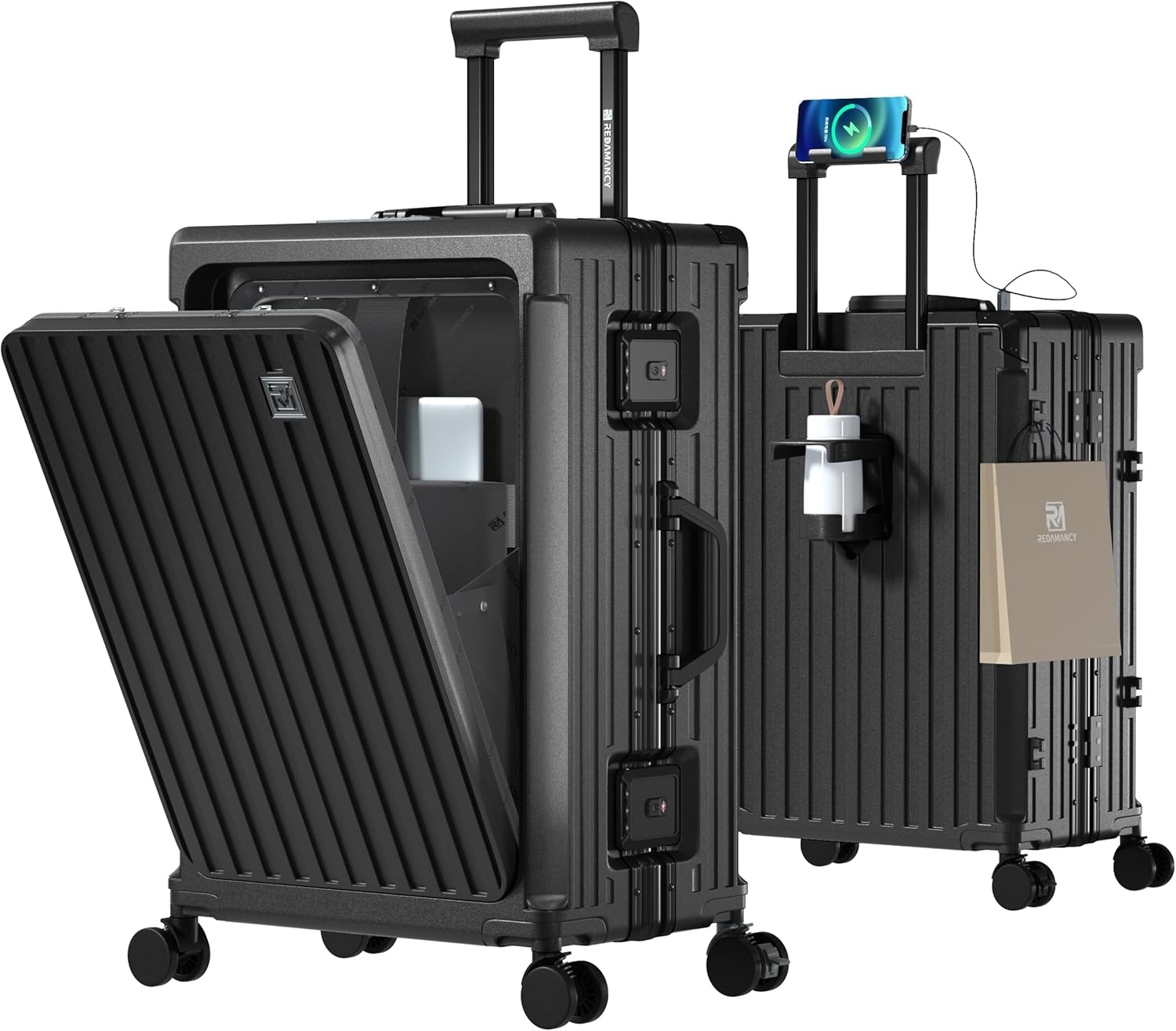 [Redamancy] 現役客室乗務員が設計を指導 スーツケース 機内持ち込み 【日本企業企画】 多機能フロントオープン キャリーケース ストッパー付き 携帯スタンド USBポート付き