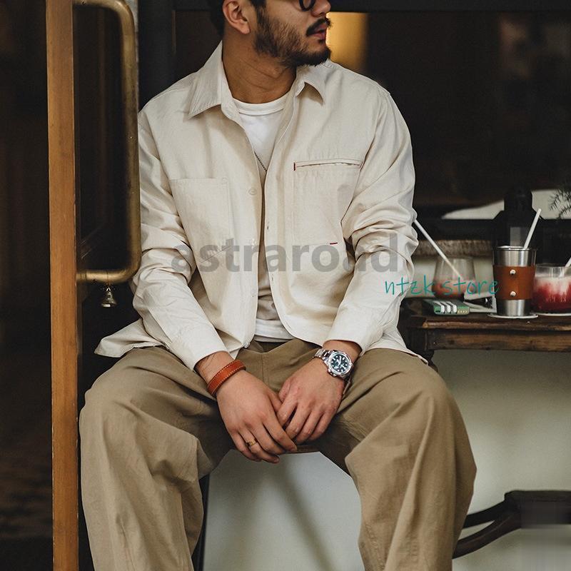 安いワークシャツ シャツジャケット メンズ 長袖 無地 綿 大きいサイズ ベージュ レギュラーカラー フレンチワークアウター ジャケット ミリタリーシャツ おしゃれ 価格が下がりました