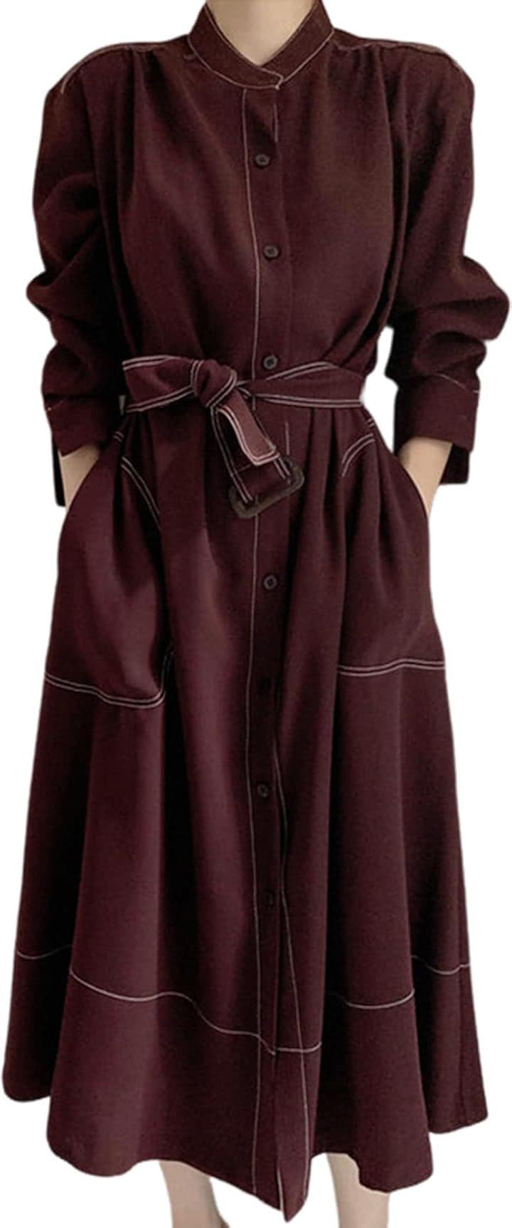 シャツワンピース ステッチ ロング フレア きれいめ カジュアル 羽織れる ウエストマーク 5S-N04-BDM(ボルドー, M)