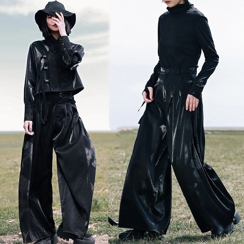 チャイナ風ワイドパンツ ガウチ今週の割引は 25% オフですョパンツ 暗黒プリントボトムス レトロズボン 黒ロンパン ハイウエスト