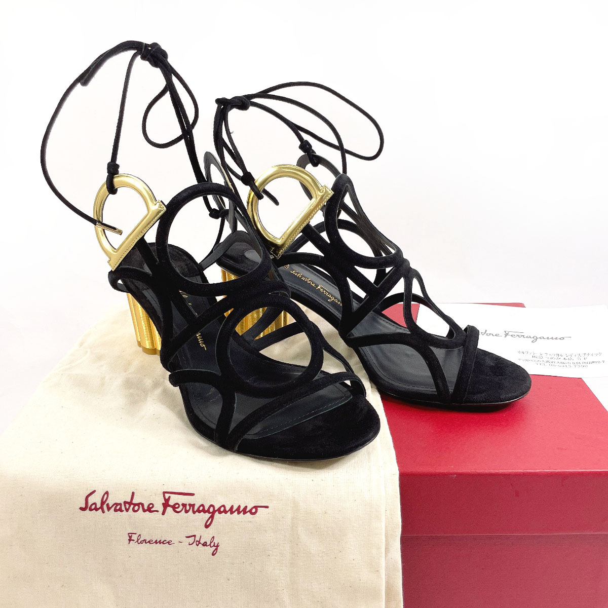 Salvatore Ferragamo ガンチーニ VINCI 55 フラワー ヒールサンダル サンダル ブラック スウェード レディース