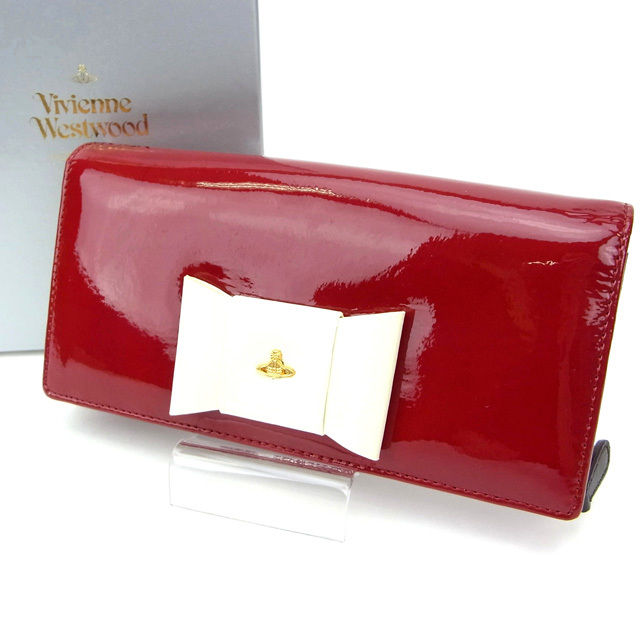 長財布 オーブ /リボンモチーフ付き レッド ホワイト 中古