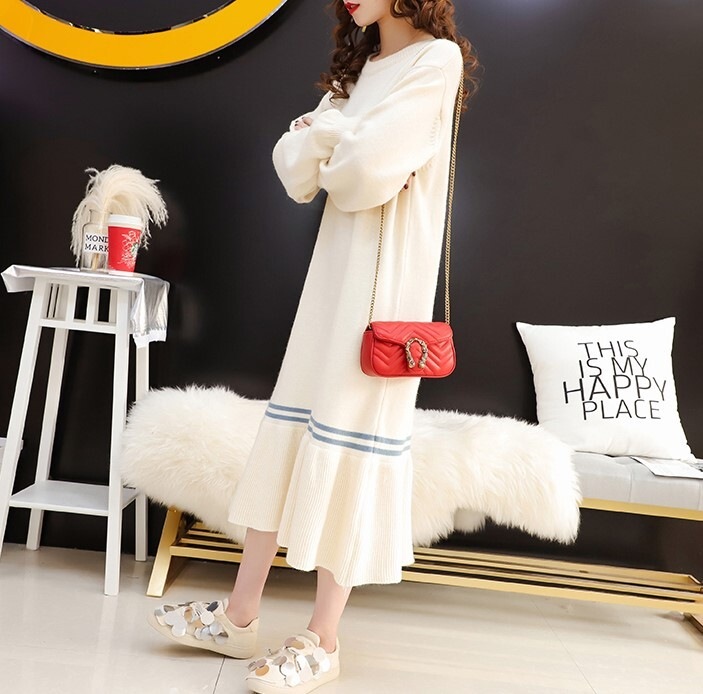 ワンピース ニットソー セーター 部屋着 シャツワンピース ミモレ ミモレ丈 袖あり 長袖 ボリューム袖 萌袖 ラウンドネック Aライン モコモコ ケーブルニット ニット 厚手 大人可愛い