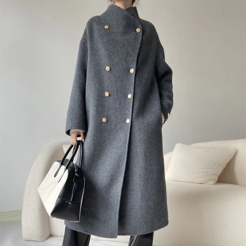 【韓国の人気爆発】 通勤 モード 無地 秋冬 ダブルブレスト ビックシルエット スタンドネック すね丈 コート 4,880円