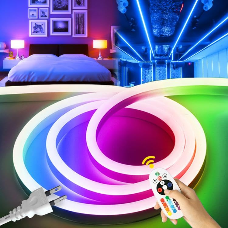 100V -新開発 EL蛍光チューブ管 LEDテープライト 120SMD/M 防水RGB16色変換,配線不要 プラグアンドプレイ 切断可能, クリスマス装飾 ネオンサイン明るい 長持ち おしゃれ 間接