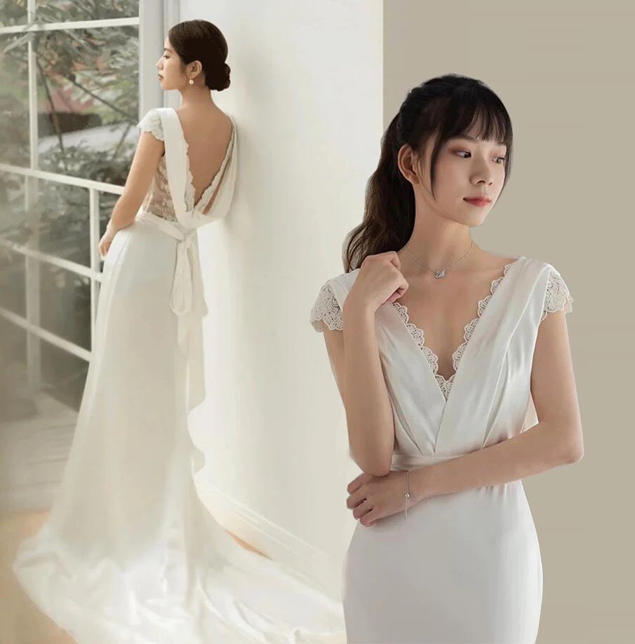 ウエディングドレス ロングトレーン ウェディングドレス フォマール ドレス Vネック 美シルエット 背中セクシー リボン エレガント サテン シンプル レース 森系 結婚式 披露宴 二次会 演奏会 新