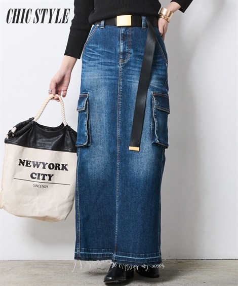 ロングスカート アウトポケットデニムマキシスカート 大きいサイズ有 シックスタイル