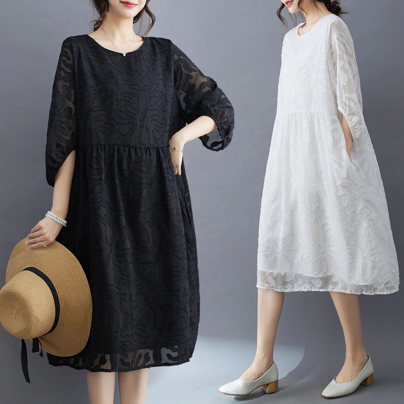 ロングワンピース夏新文芸大きいサイズ 丸首ジャカードシフォンワンピース