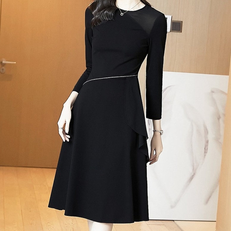 ワンピース レディース ミディアムワンピース シフォン ドレス ひざ丈 ラウンドネック 長袖 レース