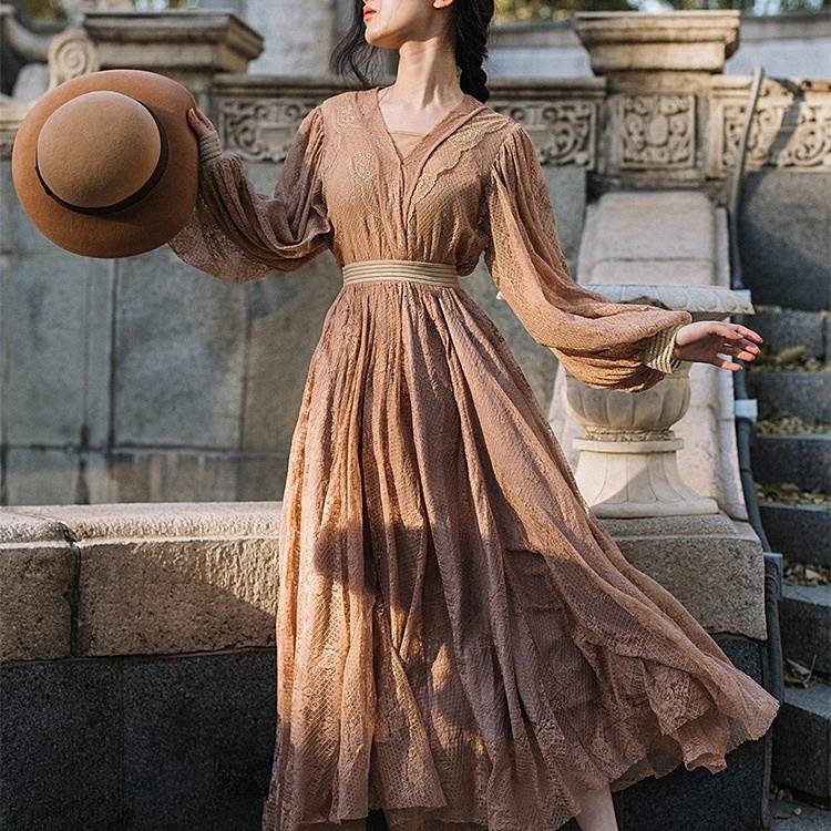 ドレス レディース パーティードレス ワンピドレス ドレスワンピース カジュアルドレス スマートカジュアル ミモレ丈 Aライン レース 透け感 シースルー 柔らかい きれいめ 袖あり ランタンスリーブ