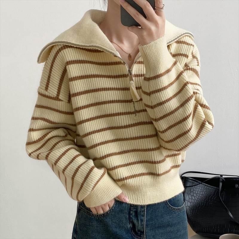 トップス ニット ジップアップ 4色展開 ボーダー ストライプ レディース セーター 春 秋 冬 オシャレ 個性的 お洒落 かわいい 着回し 重ね着 シンプル カジュアル ラフ くすみカラー 公園 マ