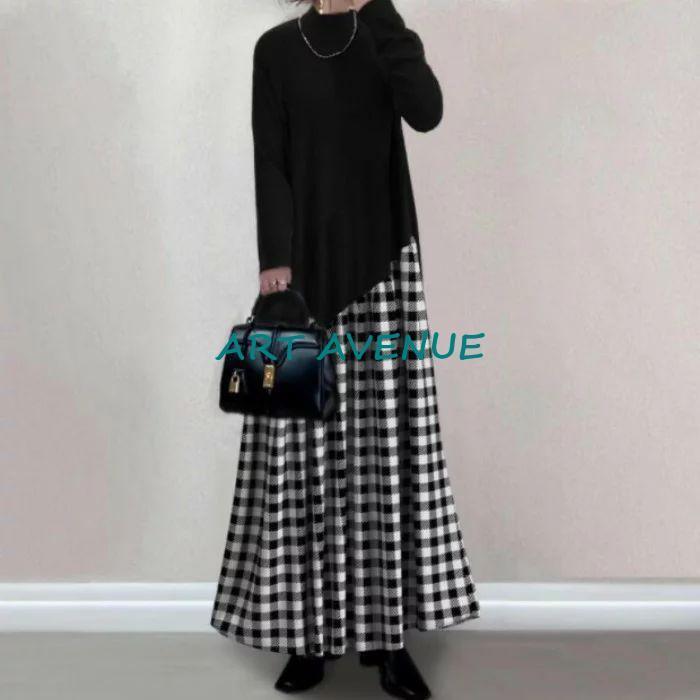 ニット ワンピース ロング ワンピース ワンピース レディース ロング丈 秋 冬 切り替え ワンピース 長袖 体型カバー ニット 切り替え カジュアル レイヤード風