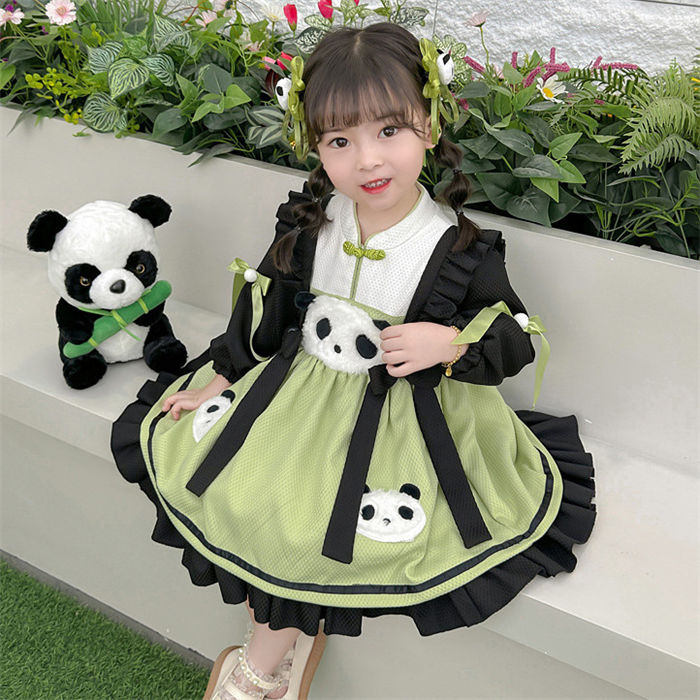 パンダ柄 panda ワンピース+髪飾り ベビードレス キッズ 子供 子ども 女の子 ドレス 結婚式 新生児 イベント 誕生日 記念写真 可愛さ 長袖 通学 通園 可愛い お姫様 90cm 100cm
